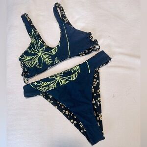Maaji Bikini Two Piece Floral Mini Ditsy Navy Black Neon Reversible High Cut SET